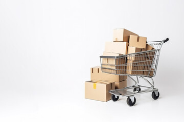 a shopping cart filled with boxes on top and around isolated on white background with copy space. Created with Generative AI Technology