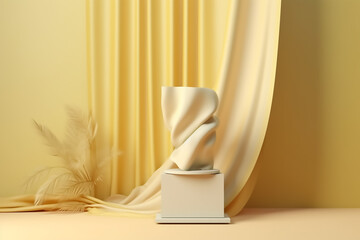Luxury podium or pedestal for product display with flying wave fabric. Generative AI