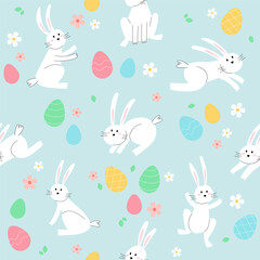 Easter bunny trendy pattern. Minimalist holiday characters, cute stylized rabbits, vector illustration background