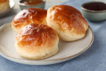 Tasty scones prepared on soda water on table, closeup