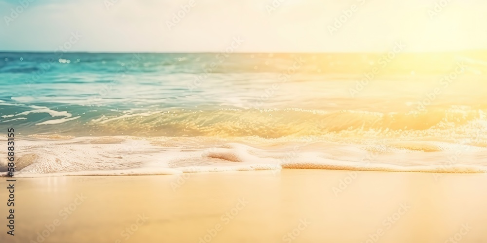 Poster summer landscape of a sunny day on the beach with waves from the sea.colorful summer template. conce