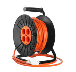 Extension cord reel on white background. Electrician's equipment