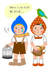 鳥かごを持つ男の子と鳥を頭に乗せている女の子のイラスト