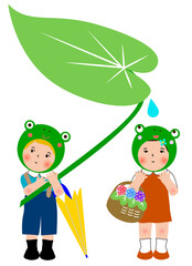 カエルの葉っぱをつ男の子とカエルの被り物をかぶる女の子のイラスト