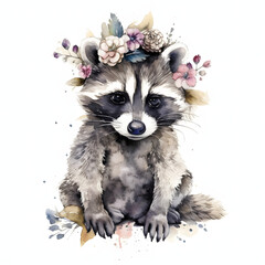  Cute watercolor portrait of a baby raccoon wearing wild flower crown. Decorative element for invitations, Easter greeting cards, stickers, nursery 