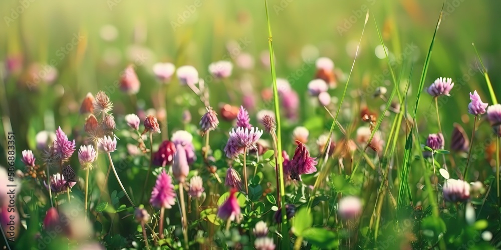 Poster blooming clover with green grass and a butterfly on a sunny day.colorful summer template. concept of