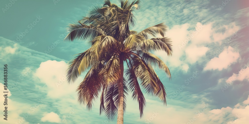 Poster summer landscape of palm trees and sky in retro style.colorful summer template. concept of recreatio