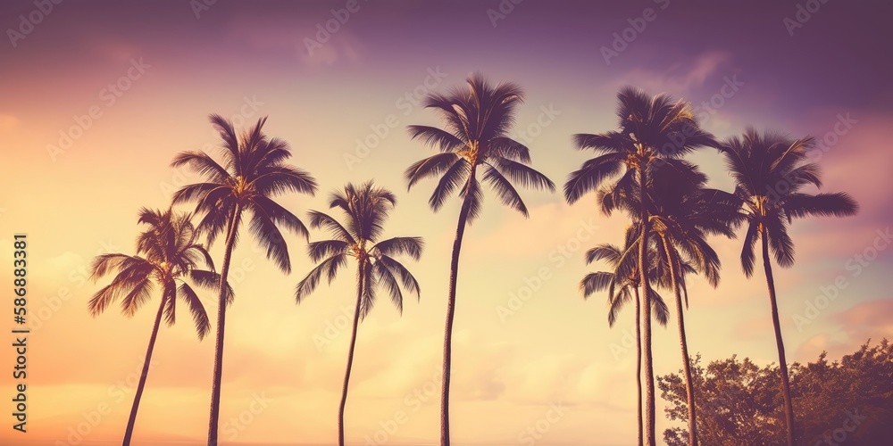 Poster summer landscape of palm trees and sky in retro style.colorful summer template. concept of recreatio