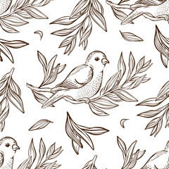 WARBLER ON BRANCH Monochrome Hand Drawn Sketch In Chinese And Japanese Styles Cartoon Sitting Songbird Seamless Pattern Vintage Coloring Vector Illustration