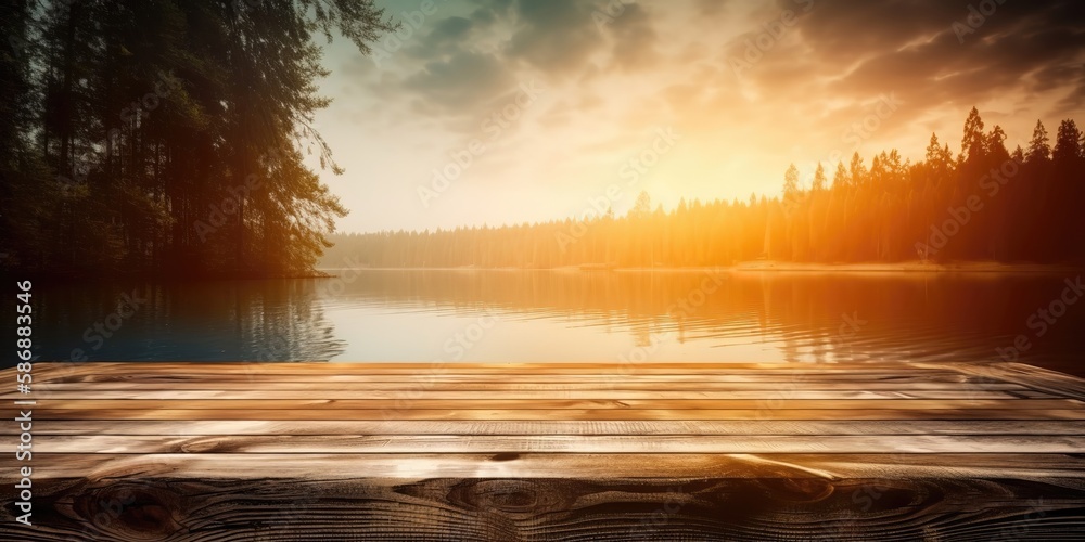 Poster Sunset on the river in the middle of the forest.Colorful summer template. Concept of recreation. Generative AI