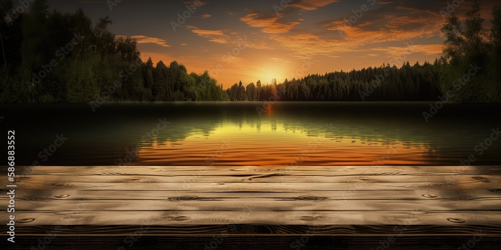 Aufkleber sunset on the river in the middle of the forest.colorful summer template. concept of recreation. gen