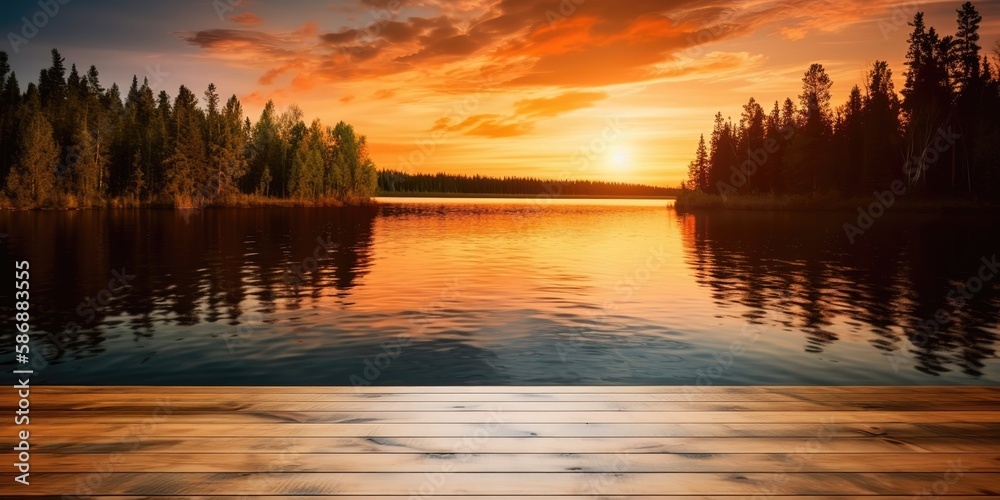 Poster sunset on the river in the middle of the forest.colorful summer template. concept of recreation. gen