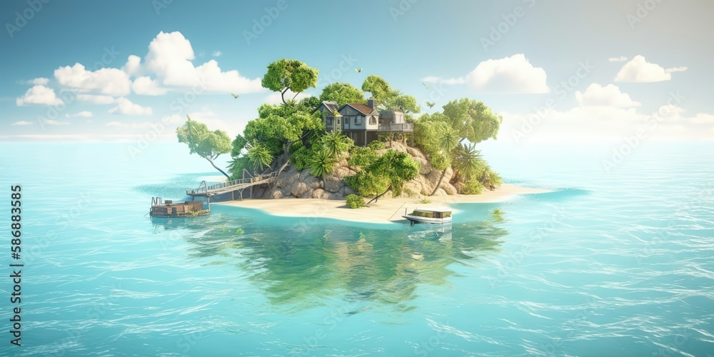 Poster an island in the middle of the sea on a sunny day.colorful summer template. concept of recreation. g