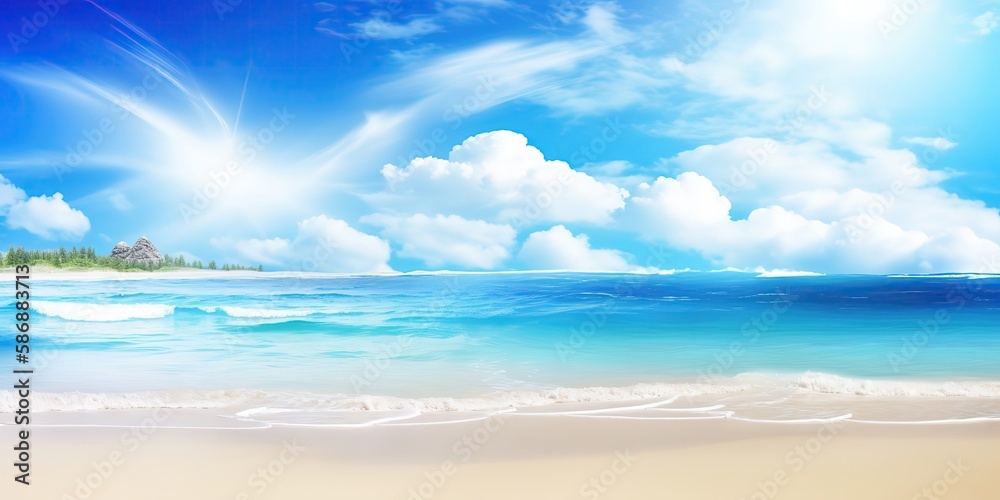 Poster Summer landscape background with palm tree and sea.Colorful summer template. Concept of recreation. Generative AI