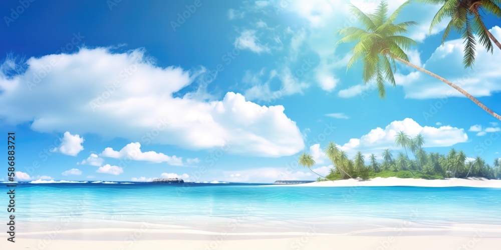 Poster summer landscape background with palm tree and sea.colorful summer template. concept of recreation. 