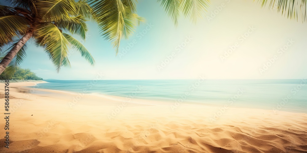 Poster summer landscape of a sunny day on the beach with waves from the sea.colorful summer template. conce