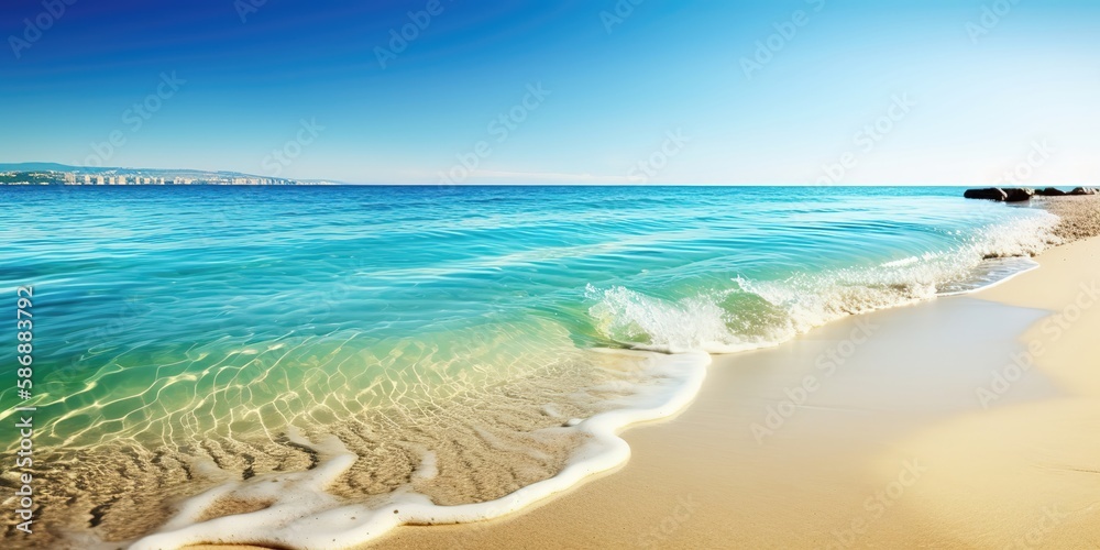 Poster summer landscape of a sunny day on the beach with waves from the sea.colorful summer template. conce