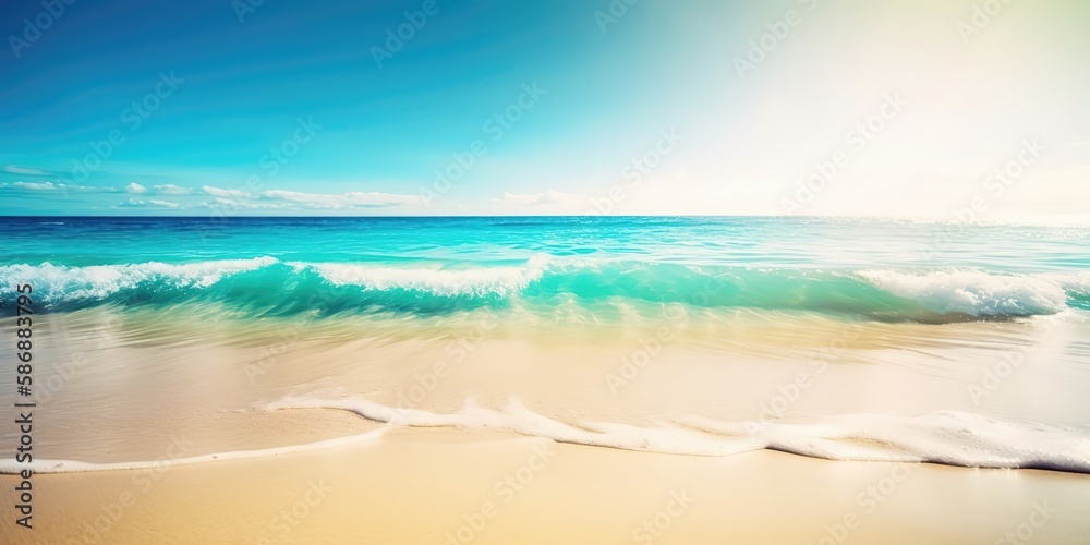 Poster summer landscape of a sunny day on the beach with waves from the sea.colorful summer template. conce