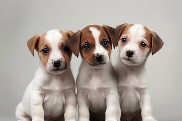 Three Jack Russell terrier pups on a white background posing. Generative AI