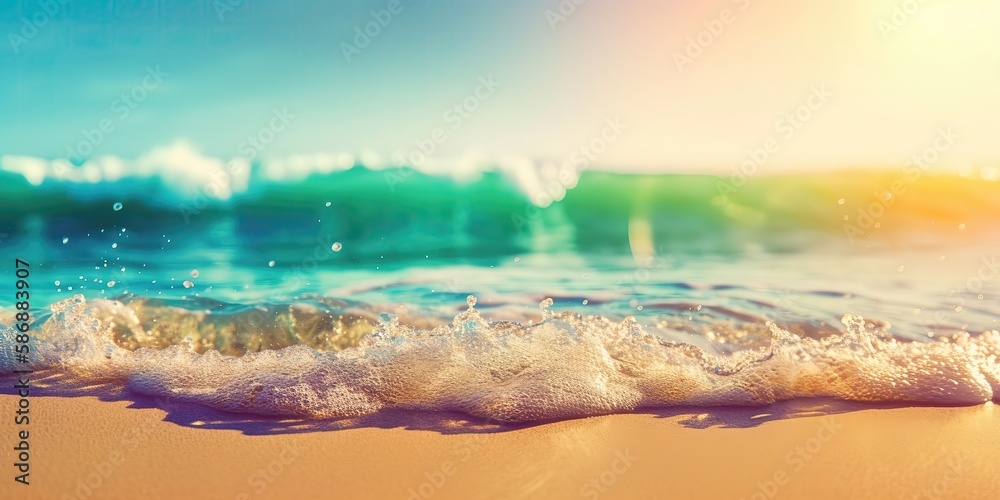Poster summer landscape of a sunny day on the beach with waves from the sea.colorful summer template. conce