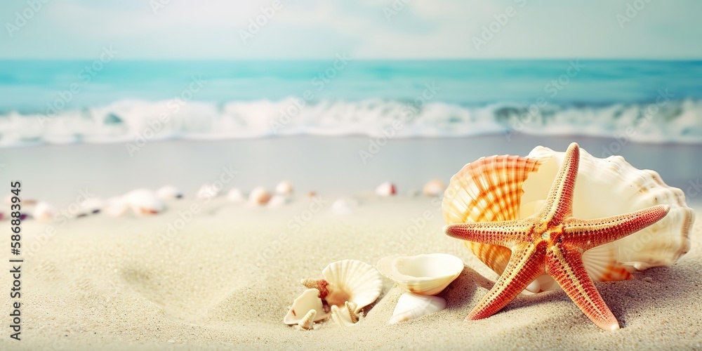 Poster a fantastic picture of a sandy beach with various seashells.colorful summer template. concept of rec
