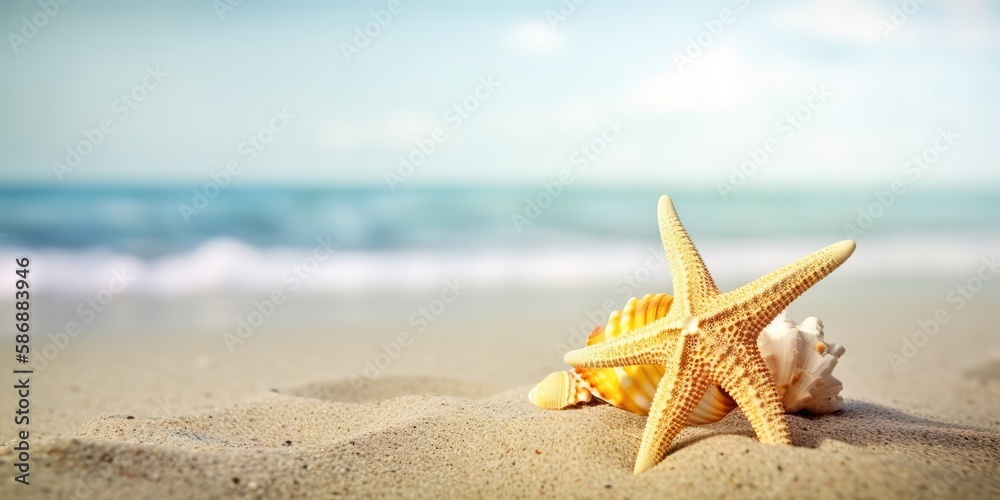 Poster a fantastic picture of a sandy beach with various seashells.colorful summer template. concept of rec