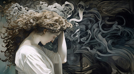 Symbolist painting of a woman with her head lowered, standing against a sombre gray swirling background. Artwork representing the effect of depression on the mind. Generative AI.