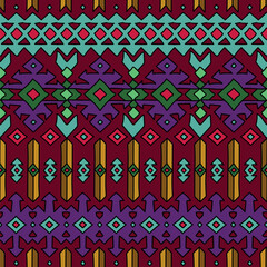 Ethnic styled handdrawn seamless pattern, border design, bright colored vector illustration, native ornament
