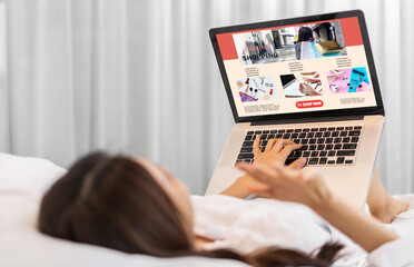 Portrait of woman relax use technology of laptop computer for fashion online shopping.Young girl enjoy shopping time summer sale and buy something purchases at home.online shopping concept