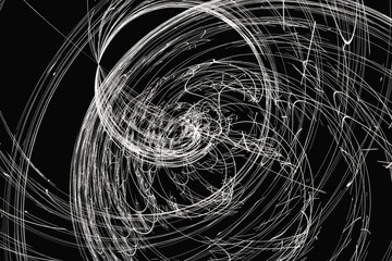 White pattern of curved swirling lines on a black background. Abstract fractal 3D rendering