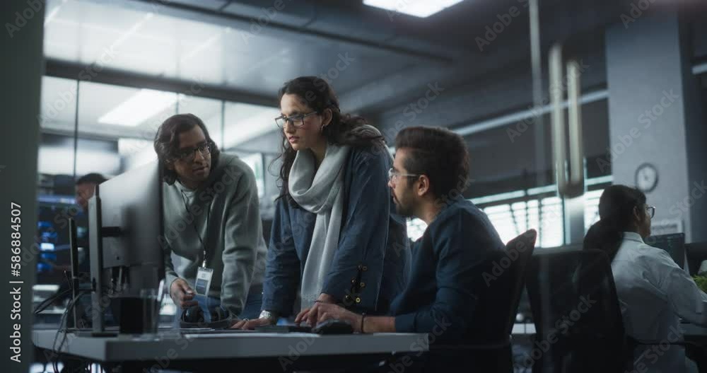 Poster team of three multiethnic diverse software developers talk, discuss an ai project. stylish young ind