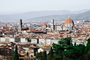 Fototapeta na wymiar View of Santa Maria del Fiore and old roofs of Florence in Italy stock photo