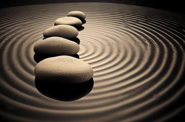 Zen stones with lines on natural background, spa calmness and purity peaceful concept, generative ai