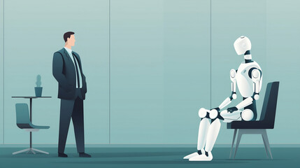 Fototapeta premium Business people and humanoid robot waiting for a job interview, Man and AI robot waiting for a job interview. Generative AI.