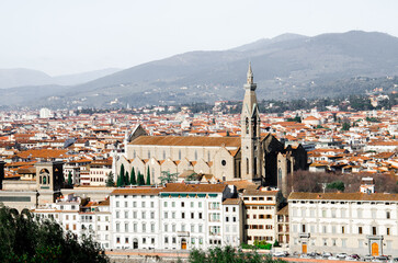 View of Santa Maria Novella Church from Michelangelo Square in Florence stock photo