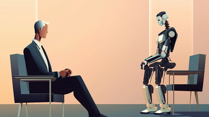 Business people and humanoid robot waiting for a job interview, Man and AI robot waiting for a job interview. Generative AI.
