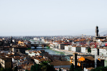 Great view of old town, river and bridges in Florence, Italy, stock photo