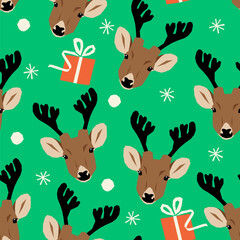 Vector seamless pattern with Santa reindeer and gift boxes