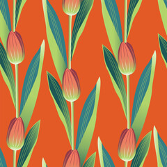 Vector seamless pattern with tulips on a bright orange background - 586885120