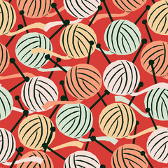 Vector seamless pattern with colorful balls of yarn and knitting needles - 586885197