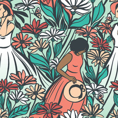 Vector seamless pattern with romantic girls walking in the flower garden - 586885357