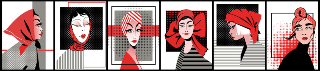 set of minimalist female portraits in retro comic style. A series of fashion posters in pop art style in black and white, red, gray colors.