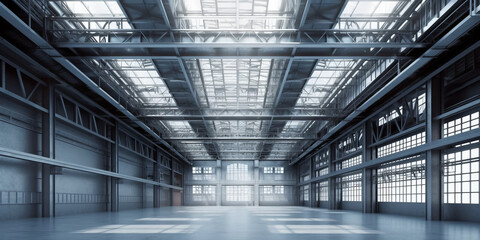 Interior general view of a steel manufacturing facility as a 3D industrial background. - Generative AI