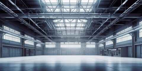 Interior general view of a steel manufacturing facility as a 3D industrial background. - Generative AI