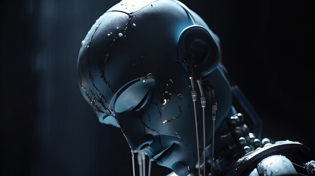 Emotional humanoid robot. Crying robot. Generative AI.