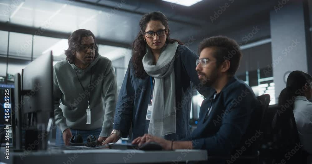 Fototapete Group of Empowered Multicultural Specialists Working in a Research Center, Using Computer to Collaborate on Advanced Software, Develop Artificial Intelligence Interface and Cloud-Based Blockchain