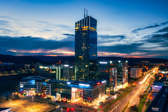 Gdansk, Poland - March 25, 2023: Modern Architecture Of The Business District Of Oliwa In Gdansk At Dusk, Poland.