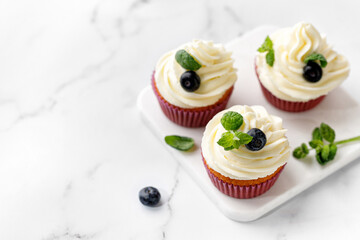 Cupcakes, muffins decorated with cream, berries and green mint leaves. Delicious homemade dessert. Pastry.