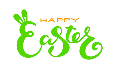 Cute Happy Easter lettering quote with bunny ears decoration, hand written with ink brush. Png clipart isolated on transparent background