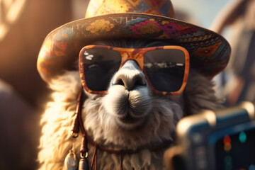 Obraz premium A silly-looking alpaca wearing a sun hat and sunglasses, posing for a selfie with its tongue sticking out and a paw holding a phone